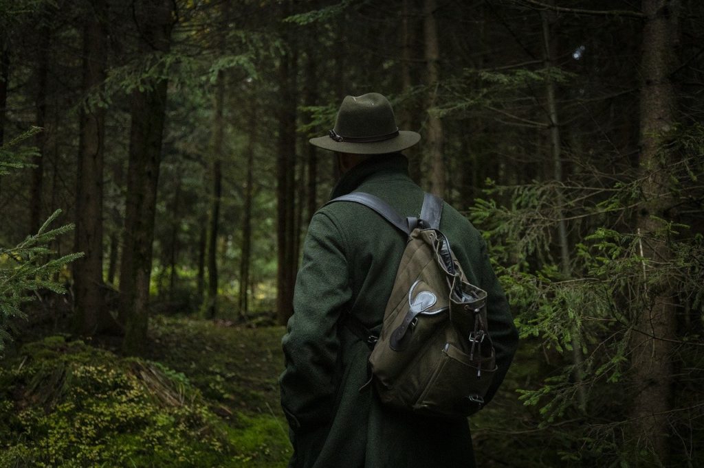 A person with a backpack walking through woods in Eagle Cap.